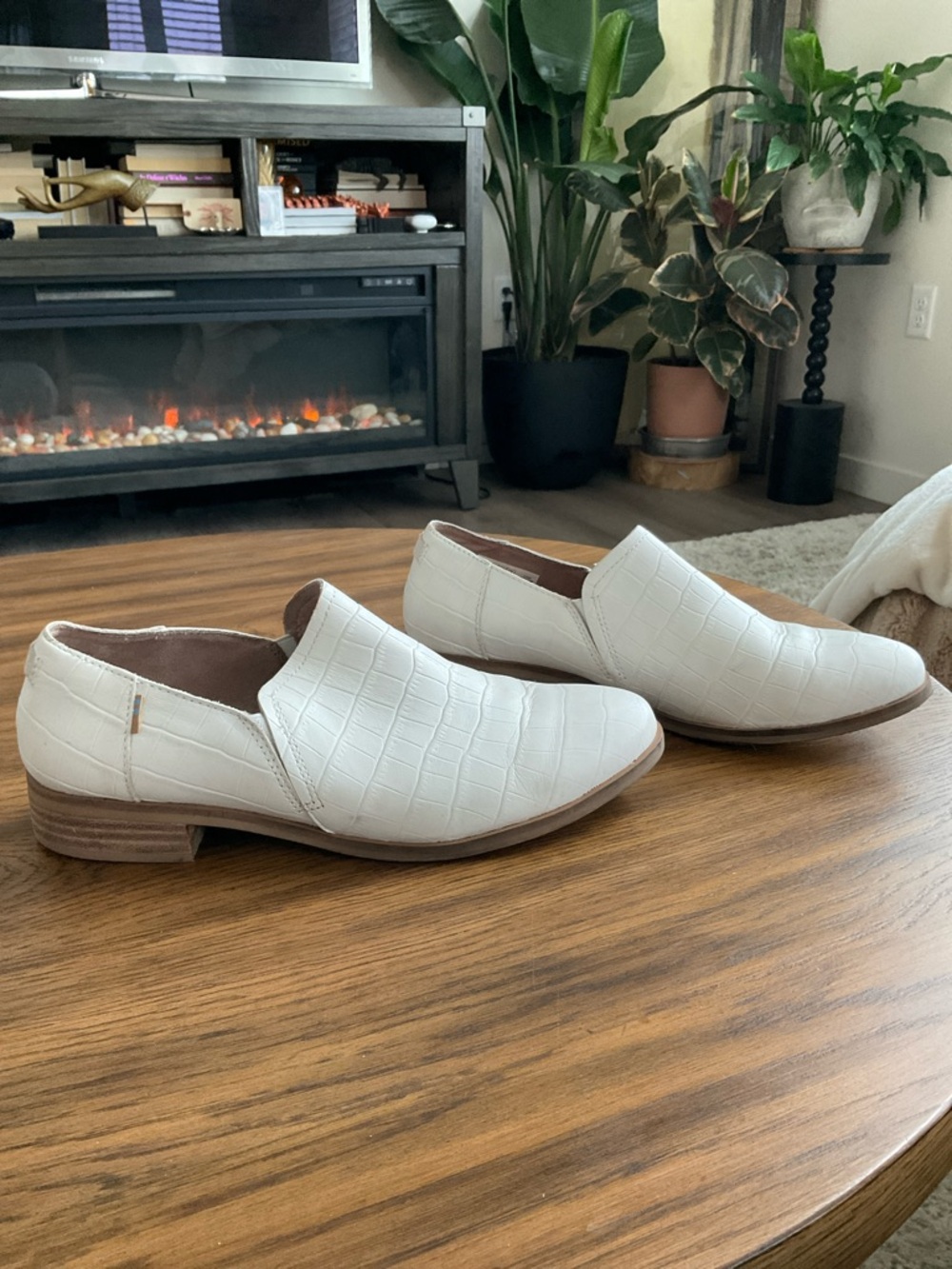 TOMS White Croc-Embossed Slip-On’s